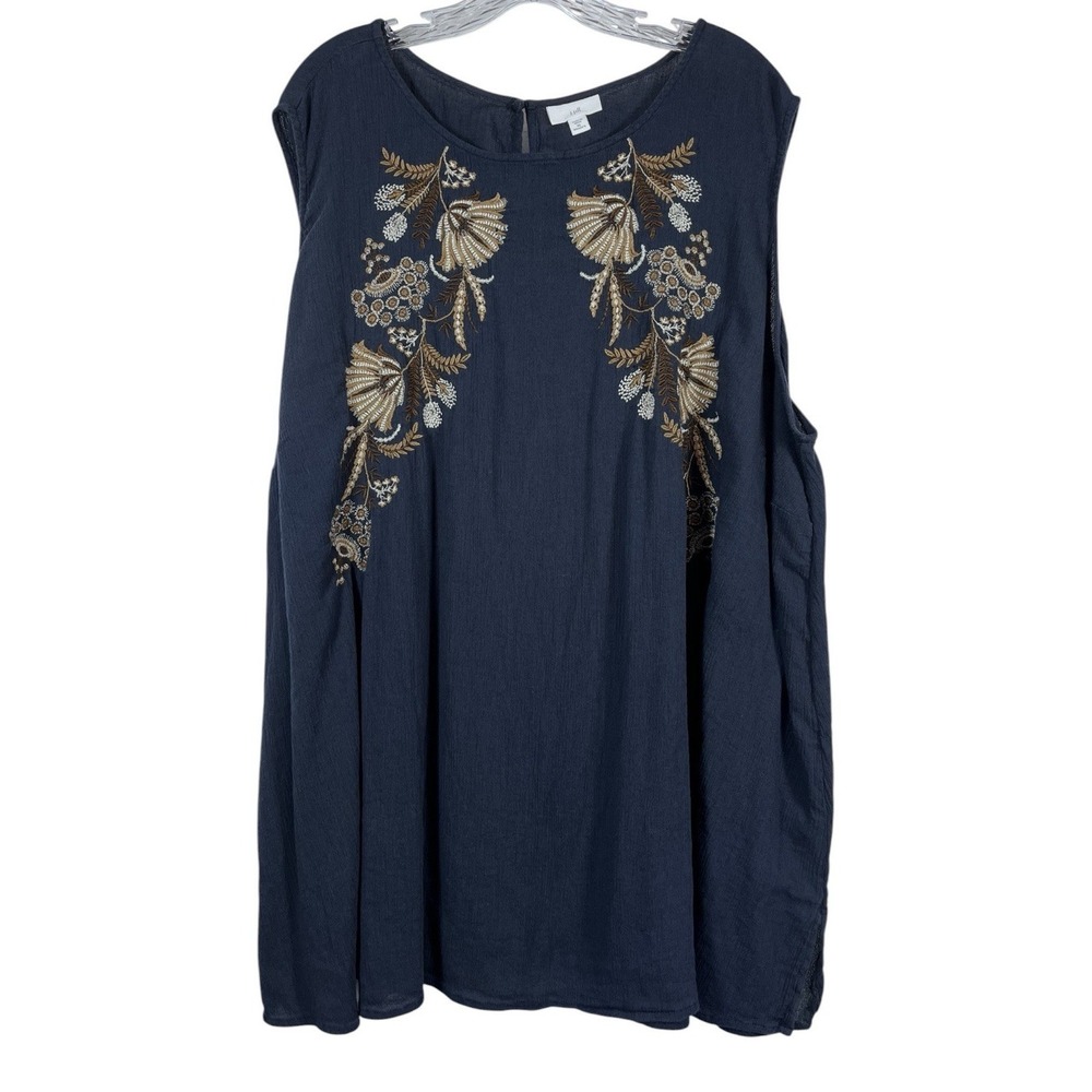 J JILL Sz 4X Tank Top Navy Blue Floral Embroidery Flowy Tunic Gauzy Blouse Boho